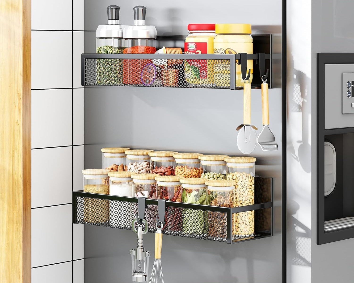 Magnetic Spice Rack for Refrigerator, 2 Pack Magnetic Shelf, Fridge Magnet Organizer with Moveable 4 Hooks, Magnet Fridge Shelf for Kitchen Organization and Storage (2 Pack)