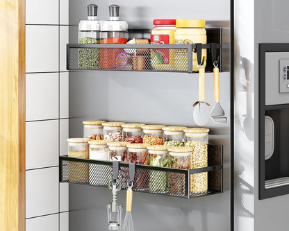 Magnetic Spice Rack for Refrigerator, 2 Pack Magnetic Shelf, Fridge Magnet Organizer with Moveable 4 Hooks, Magnet Fridge Shelf for Kitchen Organization and Storage (2 Pack)